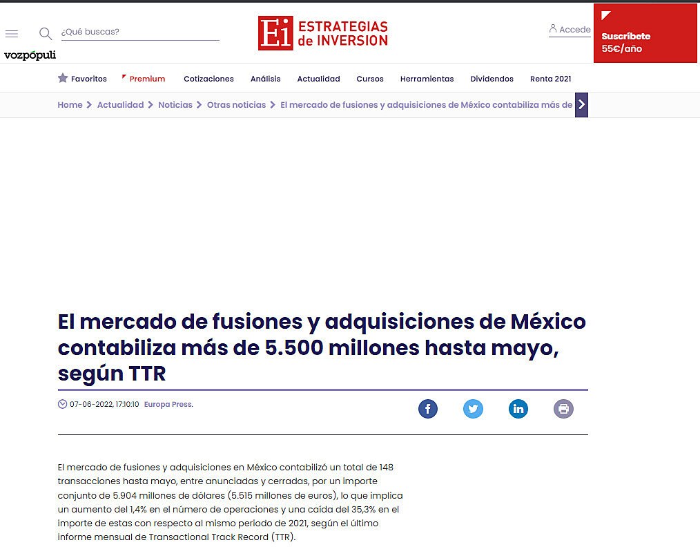 El mercado de fusiones y adquisiciones de Mxico contabiliza ms de 5.500 millones hasta mayo, segn TTR